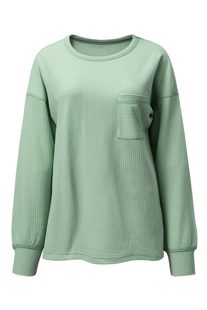 Clearly Aqua Solid Color Corded Drop Shoulder Long Sleeve Top