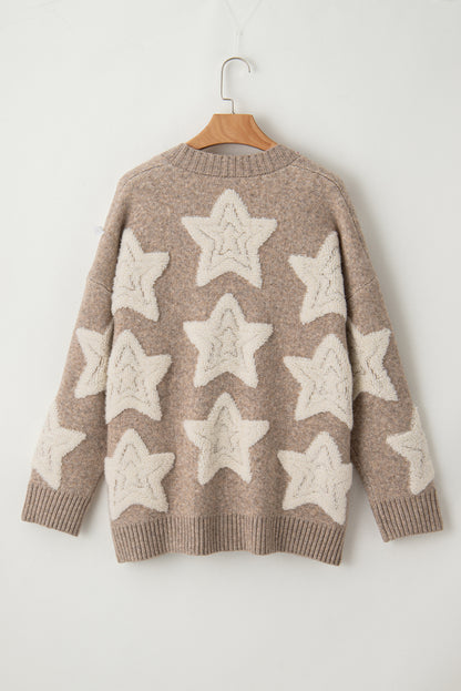 Pink Star Pattern Pockets Button Front Cardigan