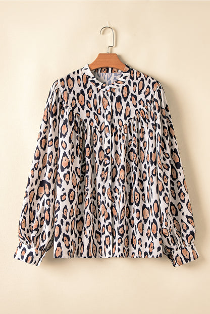 Light French Beige Leopard Print Balloon Sleeve Loose Blouse