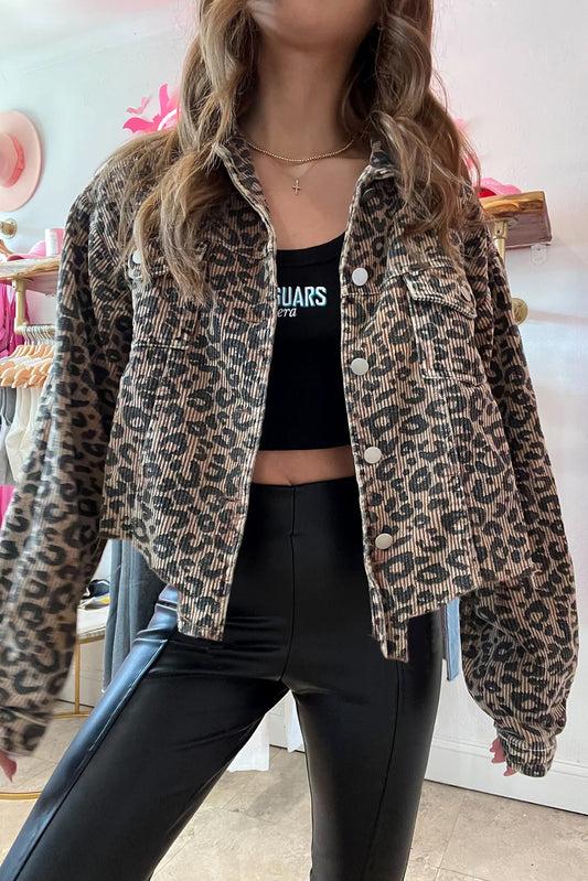 Dark Khaki Leopard Print Raw Hem Cropped Jacket